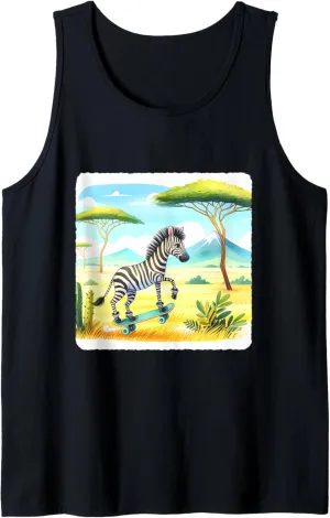 Zebra Skateboarding In Savanna, Acacia Trees. Skateboard Tank Top