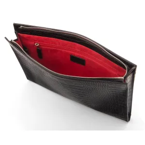 Zip Top Leather Folder - Black Croc-Effect