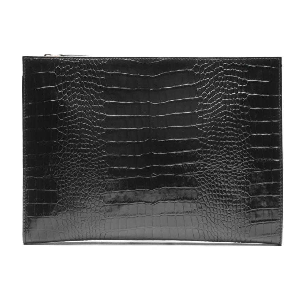 Zip Top Leather Folder - Black Croc-Effect