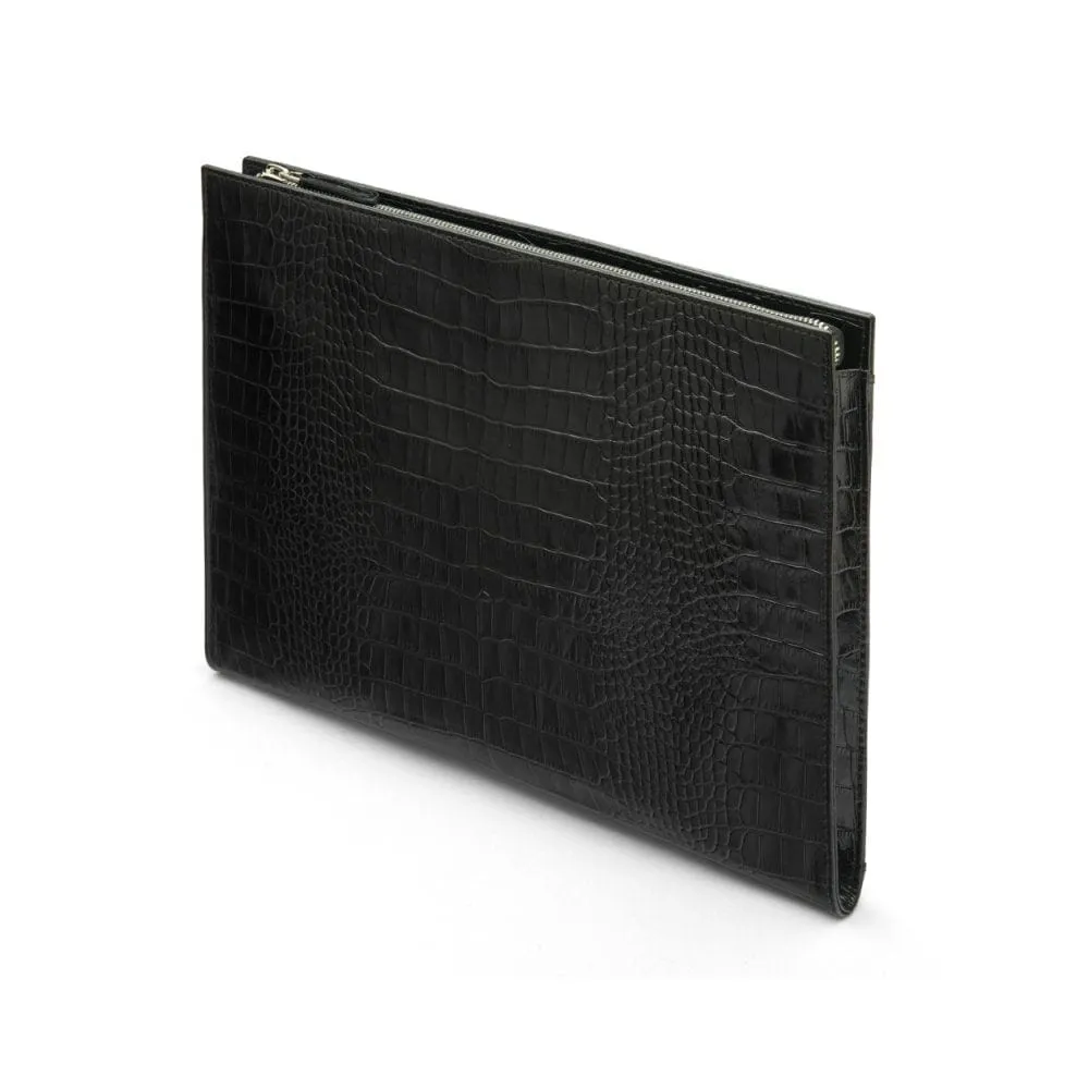 Zip Top Leather Folder - Black Croc-Effect