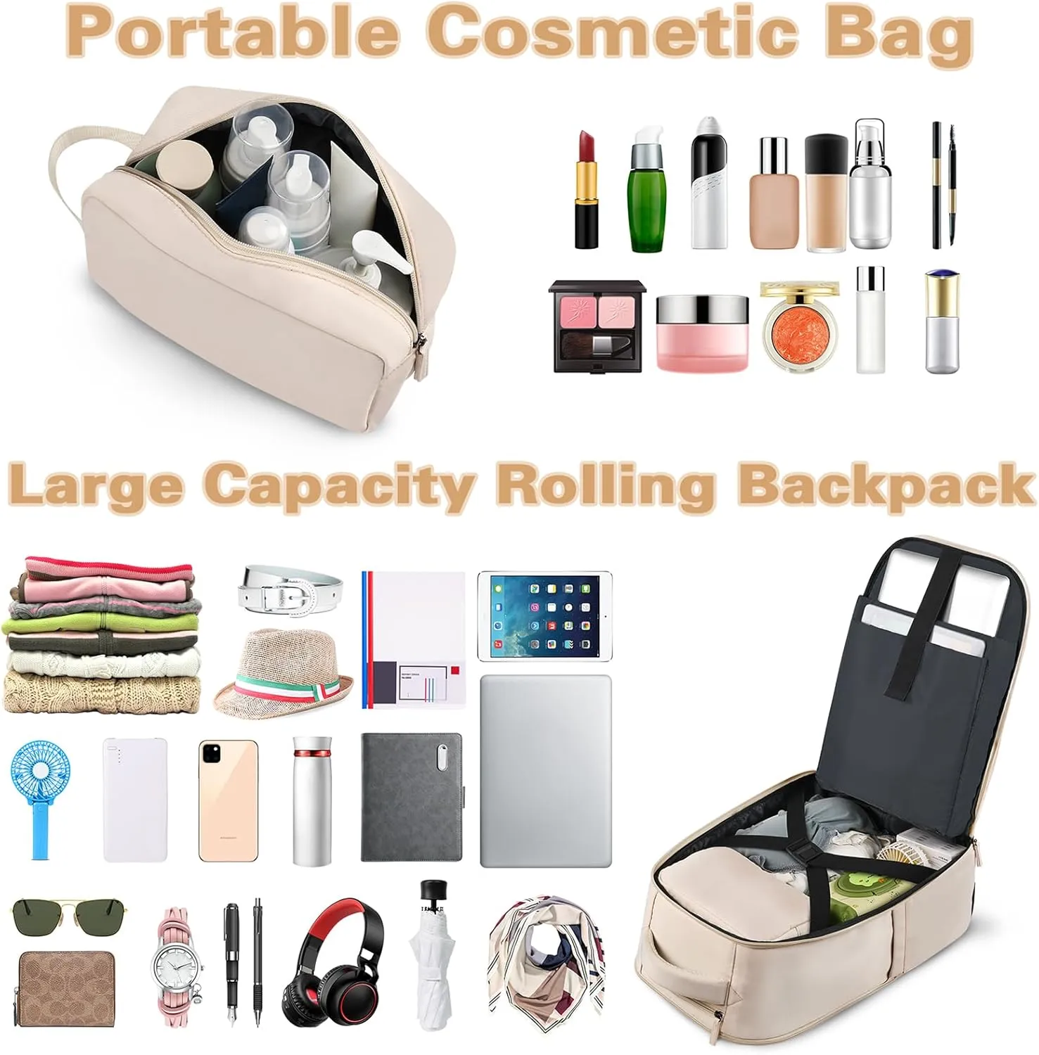 ZOMFELT Rolling Backpack for Women, Travel Backpack with Wheels, 17 Inch Laptop Backpack with Toiletry Bag, Carry on Luggage Wheeled Backpack for Travel Trip Business Beige