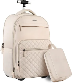 ZOMFELT Rolling Backpack for Women, Travel Backpack with Wheels, 17 Inch Laptop Backpack with Toiletry Bag, Carry on Luggage Wheeled Backpack for Travel Trip Business Beige