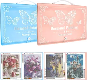 ZYNERY 2 Pack A3 Diamond Painting Storage Book Handheld, 60 Pages Diamond Art Portfolio, Large Diamond Art Storage Folder Suitable for 12x16 inch Diamond Painting (Pink   Blue)